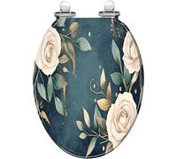 Decorative Elongated Toilet Seat Quiet Close Quick Release Floral Black Gold Leaf Vinyl Roses Eucalyptus Small Pink Resin with Bumpers Easy Install Clean