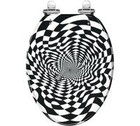 Decorative Elongated Toilet Seat Resin Abstract Circle Checkered Optical Illusion Quiet Close Quick Release Hinges Cover Bumpers Easy to Install & Clean