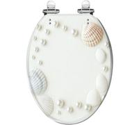 Decorative Elongated Toilet Seat Resin White Beach Sand Shell Pearls Quiet Close Quick Release Hinges Easy to Install Clean
