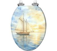 Decorative Elongated Toilet Seat with Ocean Sailboat Sunset Sky Reflection, Resin, Quiet Close Quick Release Hinges, Easy to Install Clean
