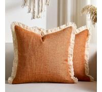 Decorative Faux Linen Couch Pillow Covers 18x18 Inch Fall Burnt Orange Boho Farmhouse Throw Pillow Cases with Tassels Woven Textured Cushion Covers for Sofa Bed Living Room Home Decor Set of 2
