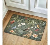 Decorative Floor Mat, Vintage Floral Bird Pattern, Green Garden Design, Anti-Fatigue Kitchen Entry Rug