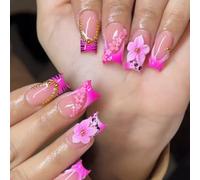 Decorative Floral Manicure Nail Set with Pink French Edge and 24 Pieces