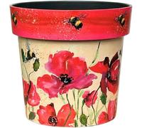 Decorative Flower Pot Indoor Outdoor - Printed Plastic Plant Pot - Wildlife Designs (Butterfly, Bee, Bird, Hedgehog) - Garden Planter for Flowers, Herbs & Houseplants (Poppies & Bees, 24 Litre)