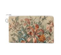 Decorative Flowers Canvas Coin Purse, Portable Zippered Change Pouch for Women, Small Wallet for Coins Keys Cards Lipstick