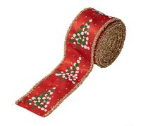 Decorative For Christmas ribbons with scallion print, suitable for wreaths, floral garlands, and holiday projects, made with fabric and wire (red)