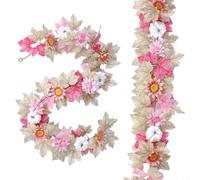 Decorative For Fall Garland With Artificial Pink Flowers And Plastic Pumpkins For Home Use On Doorways TablesRailings(Pink)