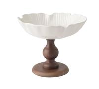 Decorative Fruit Bowl Stand with Ceramic Dish and Wooden Base, White and Brown, Pedestal Design