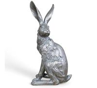 Decorative Garden Hare Statue, Large Sitting Rabbit Ornament, Grey Metal-Look Finish, Indoor Outdoor