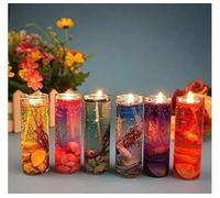 Decorative Glass Gel Candles, Rainbow Colors, Cylinder Shape, Set of 6, with Floral Elements