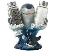 Decorative Great White Shark Glass Salt and Pepper Shaker Set with Holder Figurine for Beach Bar or Tropical Kitchen Decor Sculptures & Table Decorations As Gifts for Jaws and San Jose Sharks Fans