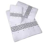 Decorative Greek Key 100% Cotton 3 Piece Set - 650 GSM - Soft and Absorbent - Embroidered Towels Gift Set - 1 Bath Towel, 1 Hand Towel, 1 Guest Towel - Hotel Collection Bathroom Towel (White)