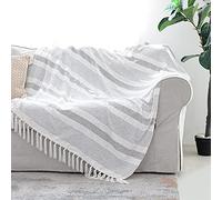 Decorative Grey Ivory Striped Throw with Fringe, Soft Chenille Knitted Farmhouse Lightweight Blanket with Tassels for Couch Sofa Chair Bed Office Home Décor, Gray and Off White ,127 x 152 cm
