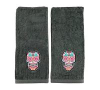Decorative Halloween Hand Towels: Grey Plush Velour Cotton Embroidered Colorful Sugar Skull, 2 Piece Set (25" x 16" Inch)