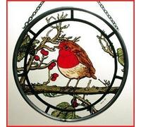 Decorative Hand Painted Stained Glass Window Sun Catcher/Roundel in a Fat Robin Design.