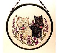 Decorative Hand Painted Stained Glass Window Sun Catcher/Roundel in a Scottie and Westie Dog Design