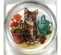 Decorative Hand Printed Stained Glass Paperweight in a Kitten and Geraniums Design.