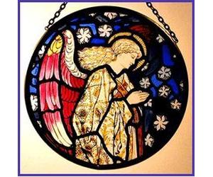 Decorative Hand Printed Stained Glass Window Sun Catcher/Roundel in an Angel Praying William Morris Design.