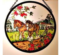 Decorative Hand Printed Stained Glass Window Sun Catcher/Roundel in an Autumn Ploughing Fields Country Scene Design.