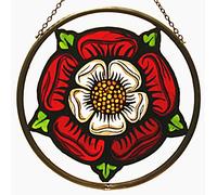 Decorative Hand Printed Stained Glass Window Sun Catcher/Roundel in an Elizabethan Tudor Rose Design.