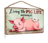 Decorative Hanging Sign Living The Pig Life And Loving It! Wooded Sign Camper Decor Desk Accessories For Women(23X35CM)