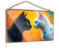 Decorative Hanging Sign Two Cats Facing Each Other On A Vibrant Orange Background Wooded Sign Front Door Hanging Decor Farmhouse Wall Decor For(15X28CM)