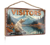 Decorative Hanging Sign Visitors: A Serene Bear Scene By The Lake Wooded Sign Back Yard Decorations Funny Wood Decor(20X30CM)