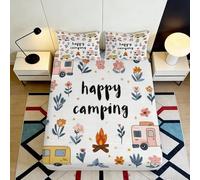 Decorative Happy Camping Fitted Sheet, Microfiber Soft Touch, 3D Printed Bed Cover, Bedroom Apartment Bedding, Wrinkle Resistant, Camper Pattern, Easy Care, Guest Room Use, 118 chars 90x200x25cm