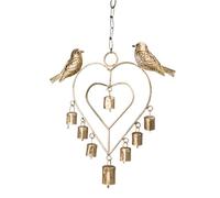 Decorative Heart-Shaped Wind Chime with Birds, 30 x 28 cm, Wrought Iron, Gold-Tone, 8 Bells