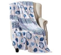 Decorative Home Decor Ocean Life Coastal Throw Blanket: Soft Plush Velvet Fleece Calming Hues of Blues Greens Beige on White, Accent with Shells and Geometric Stripes (Bahama)