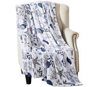 Decorative Home Decor Ocean Life Coastal Throw Blanket: Soft Plush Velvet Fleece Calming Hues of Blues Greys on White, Accent with Shells Coral and Starfish (St. Lucia)