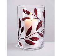 Decorative Hurricane Candleholder with Etched, Painted Leaves - Elegant Home Wedding Decor Ornament - Mouth Blown Thick Glass - Gift Box - 22 cm (8.7 in) (Red)