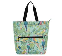 Decorative Kid Tote Bag for Boys Girls Adults, Parrots Tropical Plants Green Lightweight Library Book Tote Bag Shoulder Bag with Pockets for School Shopping Travel Rainbow bolso para libros de