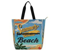 Decorative Kid Tote Bag for Boys Girls Women, Vintage Poster Beach Summer Vibes Waterproof Reusable Book Bag Grocery Bag with Zipper for School Shopping Beach Rainbow bolsa para llevar libros