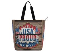 Decorative Kid Tote Bag for Kids Adults, Usa Proud Flag Blue Retro 4th Of July Independence Day Waterproof Reusable Grocery Beach Bag with Zipper for School Shopping Beach Rainbow mochilas