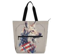 Decorative Kids Book Tote for Boys Girls Adults, African Wild Dog 4th Of July Independence Day Water-resistant Library Book Bag Handbag with Zipper Pockets for College Shopping Beach Rainbow