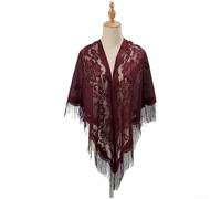 Decorative Lace Triangle Scarf with Tassel Embellishments, Lightweight Polyester Fabric Featuring Openwork Breathable Design for Womens Shawl Wrap (Dark Wine Red)