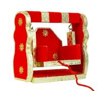 Decorative Laddu Gopal Jhula Wooden Handcrafted Velvet with Golden Work Jhula for Bal Gopal Idol/Krishna Jhula/Jhoola/Laddu Gopal for Home Temple Traditional Decor(Height Size:-8.5 Inches)(Red)