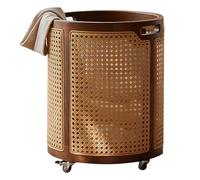 Decorative Laundry Hamper with Wooden Lid, Rattan Laundry Basket with Wheels and Handles, Cylindrical Clothes Hamper for Living Room Decor