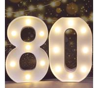 Decorative Led Light Up Numbers Letters, White Plastic Marquee Number Lights Sign for 80th Birthday Party Wedding Decor Battery Operated Number (80)