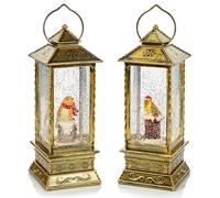 Decorative LED Water Globe Lantern, Gold Antique, Glass and Metal, 28cm, Rotating Robin Snow Scene, Traditional Christmas Indoor Ornament (Robin on a Tree Stump)