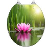Decorative Lotus Round Toilet Seat with Cover Resin Quietly Close Quick Release Hinges Easy to Clean and Yoga Room Spa Zen Flower Water Lilies Full Bloom Sun