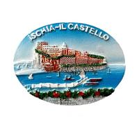 Decorative Magnet Ischia-Il Castello, Souvenir in Resin 3D Panoramic View of the Aragonese Castle, Sea Landscape with Boats