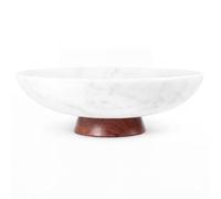 Decorative Marble Bowl White - Handcrafted Natural Stone on Removable Acacia Wood Pedestal Base - Versatile 10" Catch-All Centerpiece - Entryway, Dining Table, Kitchen Fruit Bowl, Key Holder (White)
