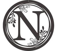 Decorative Metal Wall Art Sign with Letter N-Round Monogram Plaque with FloraDesign,Black Circle sign for Front Door, Porch, Garden, Patio, Living Room(N)