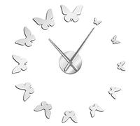Decorative Mirror Wall Clock Nature Flying Butterflies Modern Design Luxury DIY Large Wall Clock Frameless Wall Watch Clock(Silver,47inch)