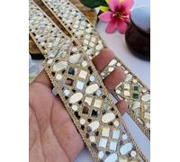 Decorative Mirror Work Trim Lace, Gold, 2 Inch Wide, Metallic Embellished Border with Square Mirrors, Traditional Indian Style, Available in 1, 3 and 6 Yard (1)