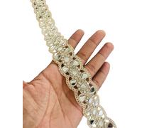 Decorative Mirror Work Trim Lace, Gold Crystal Rhinestone Embellished Border, 1.5 Inch Wide, Traditional Indian Style, Available in 1, 3 and 6 Yard (1)