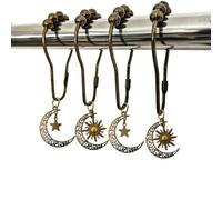 Decorative Moon Shower Curtain Hooks for Bathroom Shower Rods - Rustproof Curtain Rings Set of 12 with Vintage Moon Suns Stars Celestial Bodies Gothic Mystic Boho Theme Bathroom Decor (Bronze)
