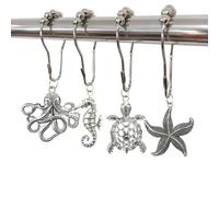 Decorative Ocean Shower Curtain Hooks for Bathroom Shower Rod, Rust Proof Metal Shower Curtain Rings Set of 12 with Starfish Turtle Seahorse Octopus Series Beach Ocean Themed Bathroom Decor (Silver)